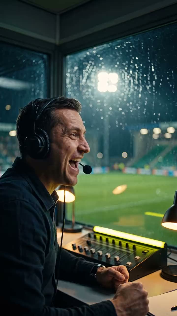 Vertical clip from a match breakdown: commentator in the studio, captions about a goal